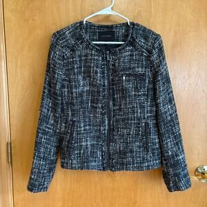 Banana Republic Tweed Collarless‎ Zip Front Jacket Blazer Black White Size 12